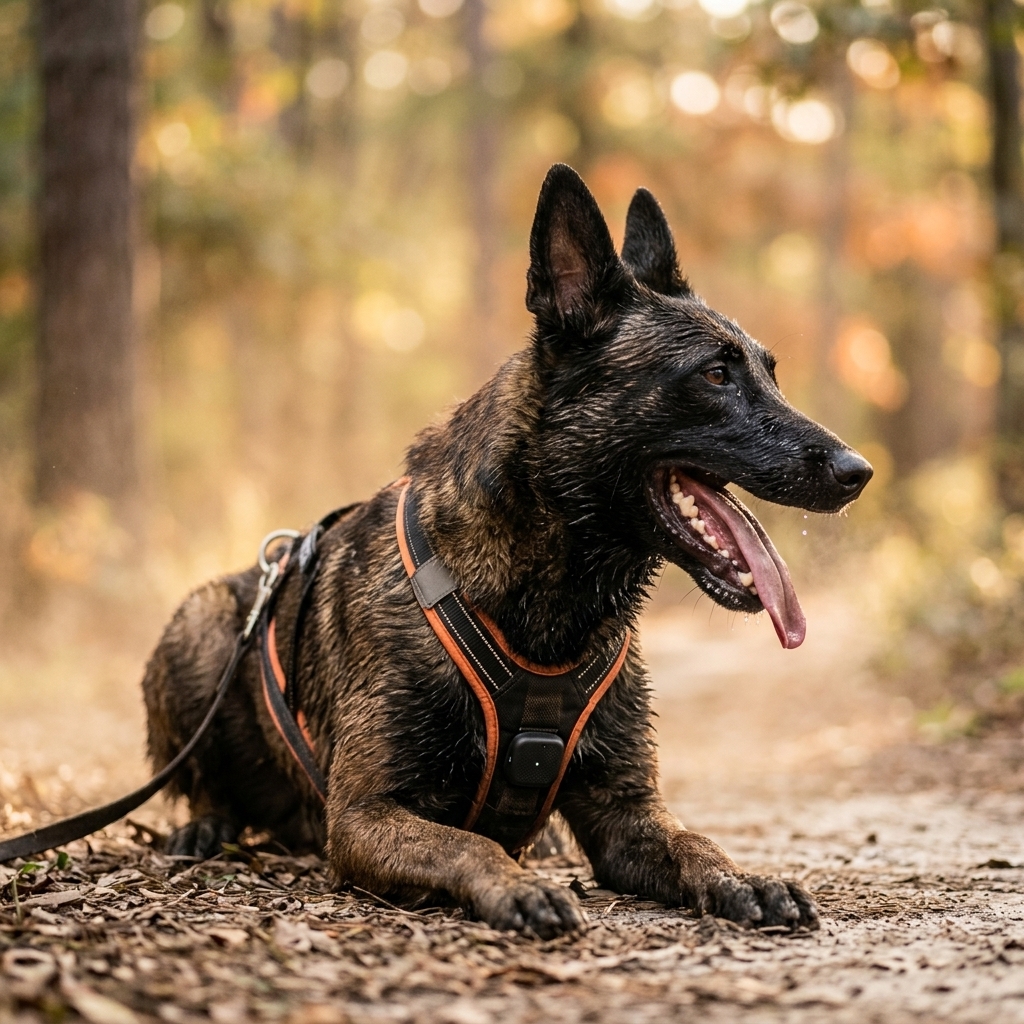Chien athlétique équipé d'un capteur de fréquence cardiaque après l'effort