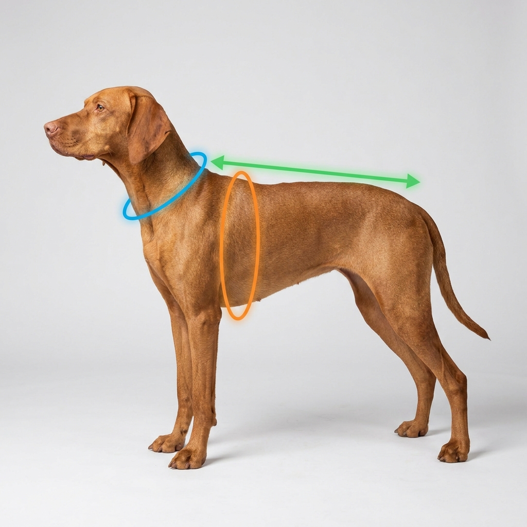 Chien vu de côté avec les trois zones à mesurer entourées : tour de cou, tour de poitrine et longueur du dos