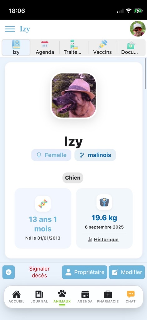 Fiche complète d'un animal : race, sexe, âge, poids, onglets santé
